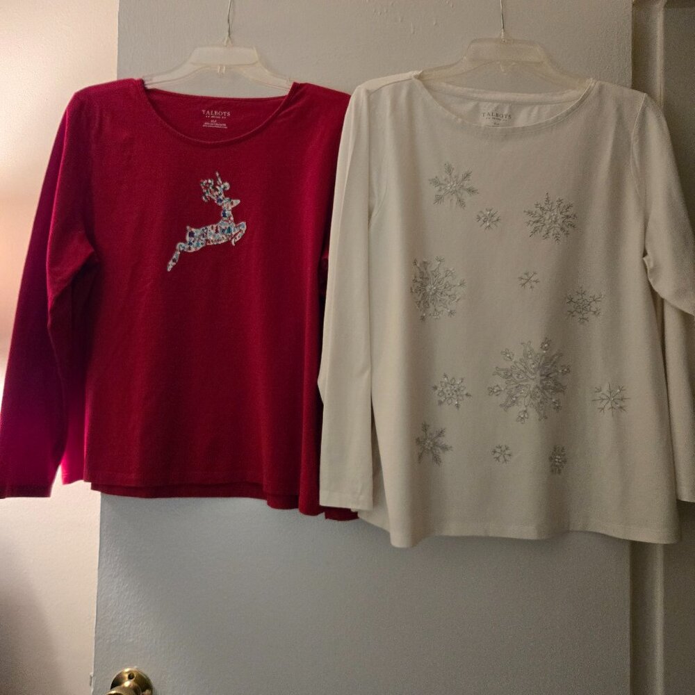 Lot of 2 Talbots Christmas cotton T shirts XLP FREE SHIPPING